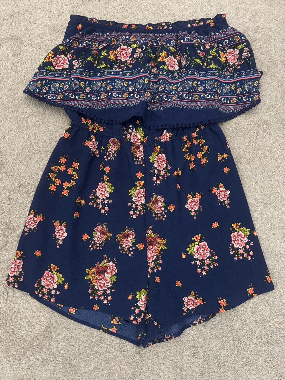 Trixxi Navy Floral Strapless Romper with Pink and Green Accents